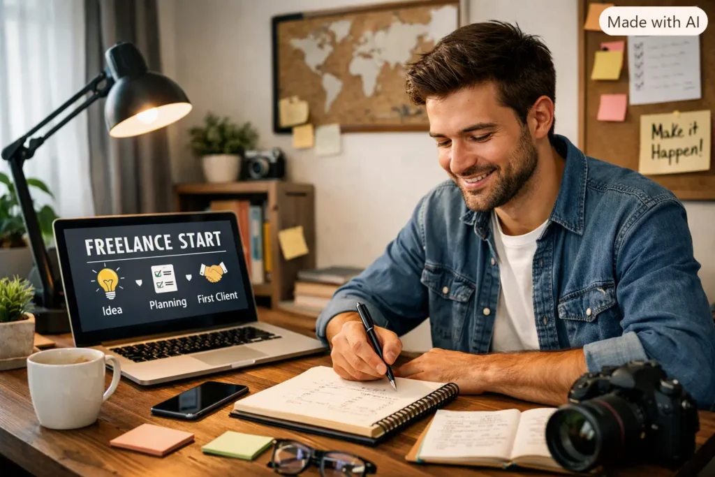 Freelancer pracující na notebooku v moderním pracovním prostředí